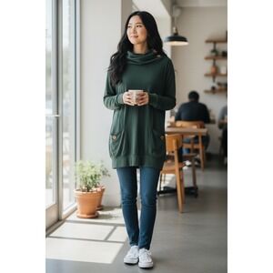 Levaca Forest Green Cowl Neck Tunic Top Wooden Buttons Pockets Women's L